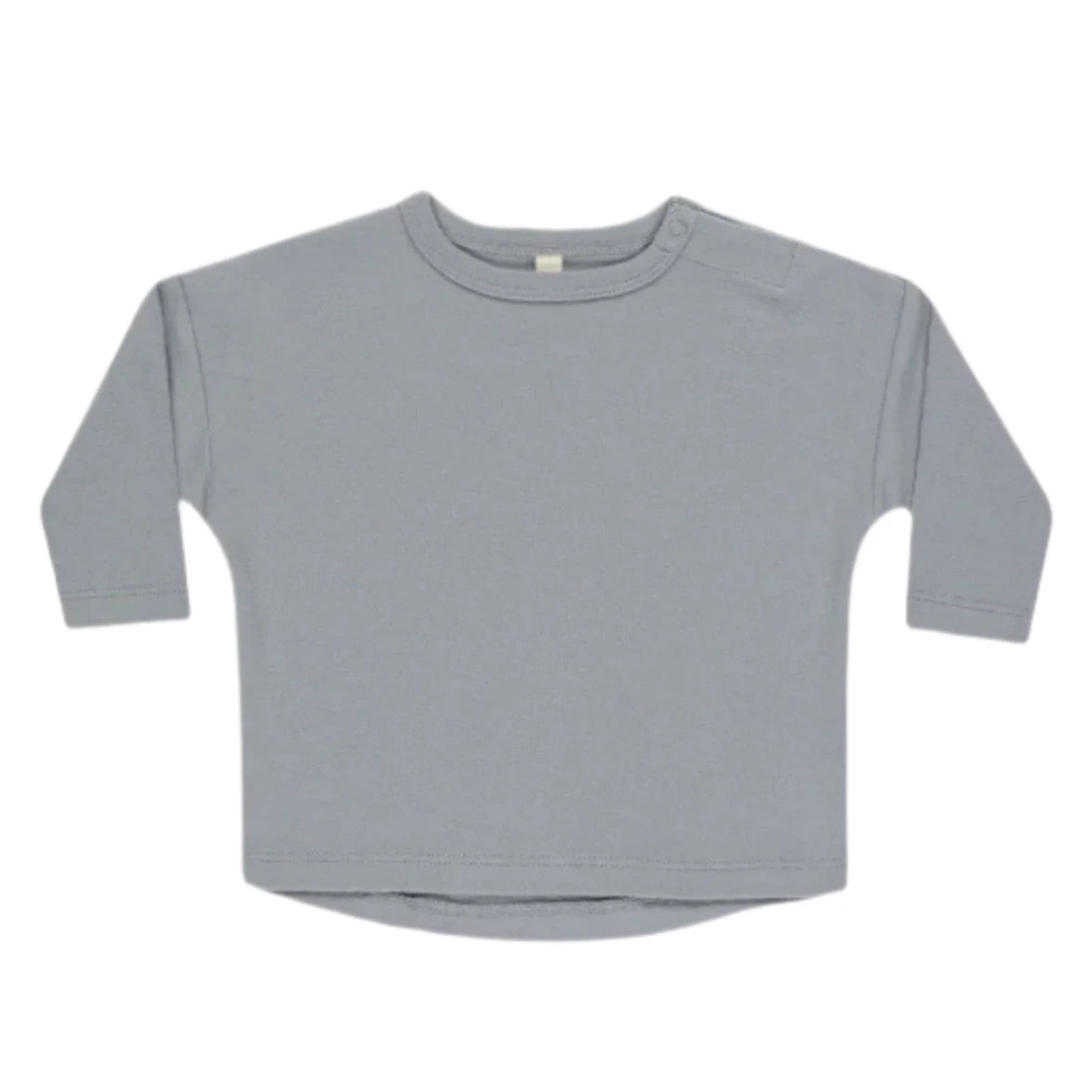 The Quincy Mae Baby and Kids' Long Sleeve Tee is crafted from soft organic brushed jersey in plain light gray, featuring a round neckline and a shoulder snap button for easy dressing.