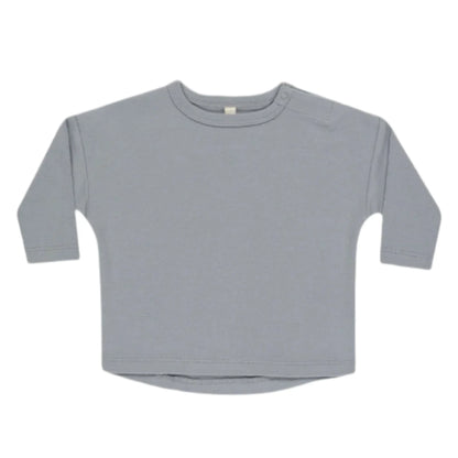 The Quincy Mae Baby and Kids' Long Sleeve Tee is crafted from soft organic brushed jersey in plain light gray, featuring a round neckline and a shoulder snap button for easy dressing.