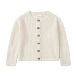 The Quincy Mae Baby Girls' and Girls' Knit Cardigan features a cream color, long sleeves, round neck, coconut buttons, and a delicate pointelle knit pattern.