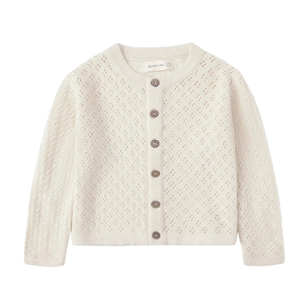 The Quincy Mae Baby Girls' and Girls' Knit Cardigan features a cream color, long sleeves, round neck, coconut buttons, and a delicate pointelle knit pattern.
