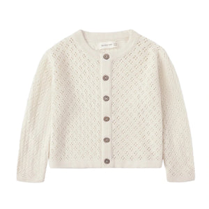 The Quincy Mae Baby Girls' and Girls' Knit Cardigan features a cream color, long sleeves, round neck, coconut buttons, and a delicate pointelle knit pattern.