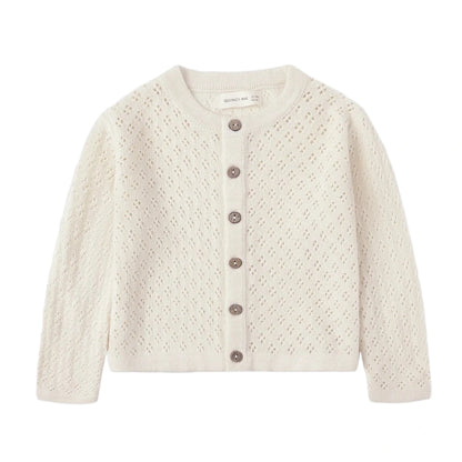 The Quincy Mae Baby Girls' and Girls' Knit Cardigan features a cream color, long sleeves, round neck, coconut buttons, and a delicate pointelle knit pattern.