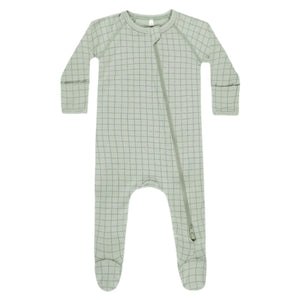 Quincy Mae Baby Boys' Bamboo Zip Footie in light green features long sleeves, a grid pattern, and a diagonal zipper from neck to left ankle.