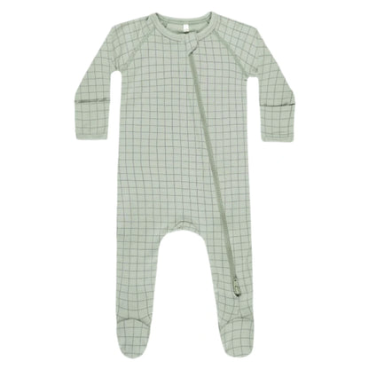 Quincy Mae Baby Boys' Bamboo Zip Footie in light green features long sleeves, a grid pattern, and a diagonal zipper from neck to left ankle.