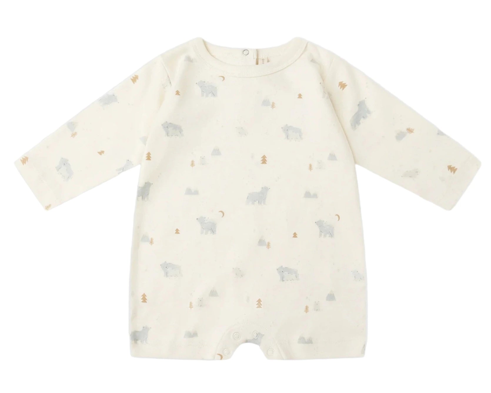 The Quincy Mae Baby Long Sleeve Romper features a cream color with small bears, trees, and crescent moons in muted tones—ideal for everyday wear and easy changing.