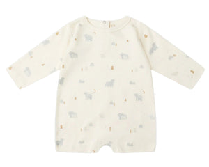 The Quincy Mae Baby Long Sleeve Romper features a cream color with small bears, trees, and crescent moons in muted tones—ideal for everyday wear and easy changing.