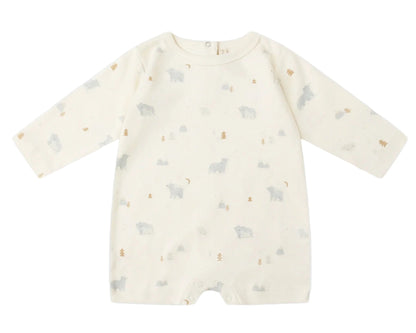 The Quincy Mae Baby Long Sleeve Romper features a cream color with small bears, trees, and crescent moons in muted tones—ideal for everyday wear and easy changing.