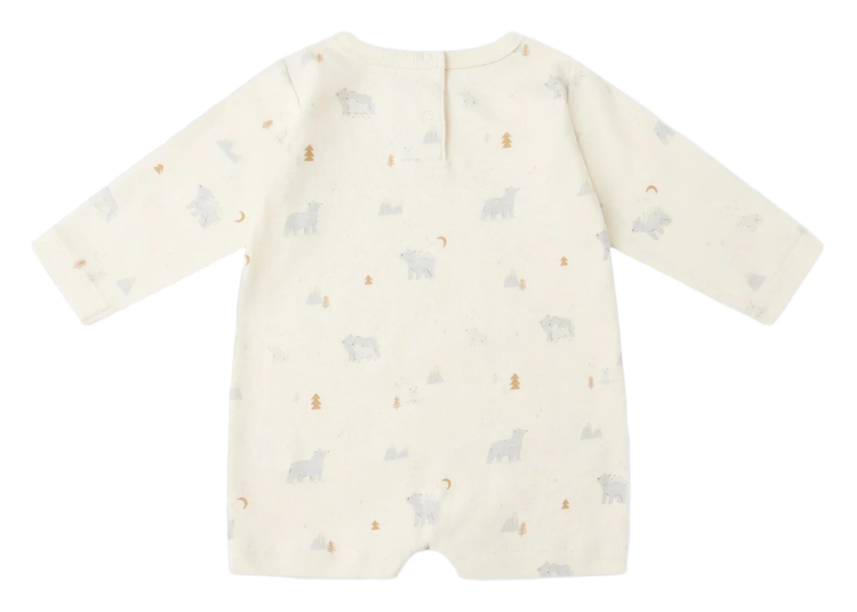 The Quincy Mae Baby Long Sleeve Romper in cream features an all-over pastel print with bears, trees, and shapes. Displayed flat with the back side up, it's perfect for everyday wear and easy changing.
