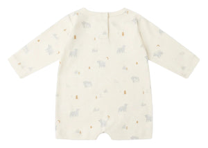 The Quincy Mae Baby Long Sleeve Romper in cream features an all-over pastel print with bears, trees, and shapes. Displayed flat with the back side up, it's perfect for everyday wear and easy changing.
