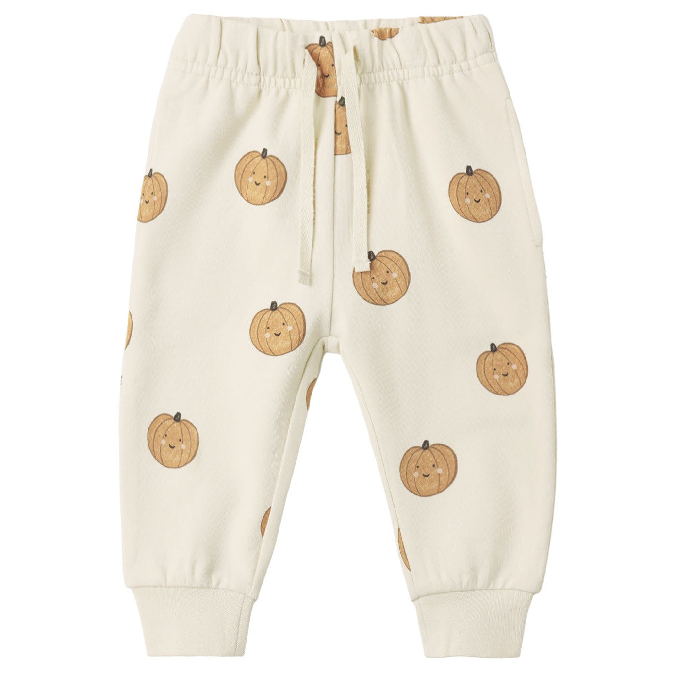 The Quincy Mae Baby and Kids’ Relaxed Fleece Sweatpant Pumpkins feature a cozy cream-colored design with an all-over print of smiling cartoon pumpkins, complete with an elastic waistband and drawstring for everyday comfort.