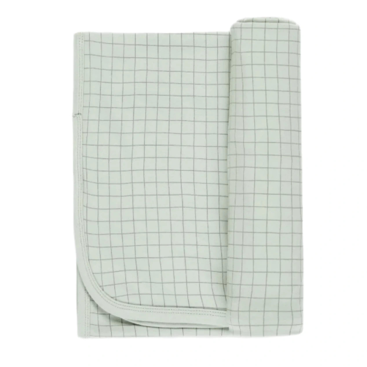 The Quincy Mae Baby Bamboo Swaddle is a soft, light-colored blanket with a simple grid pattern and stitched edges, shown partially rolled at one end.