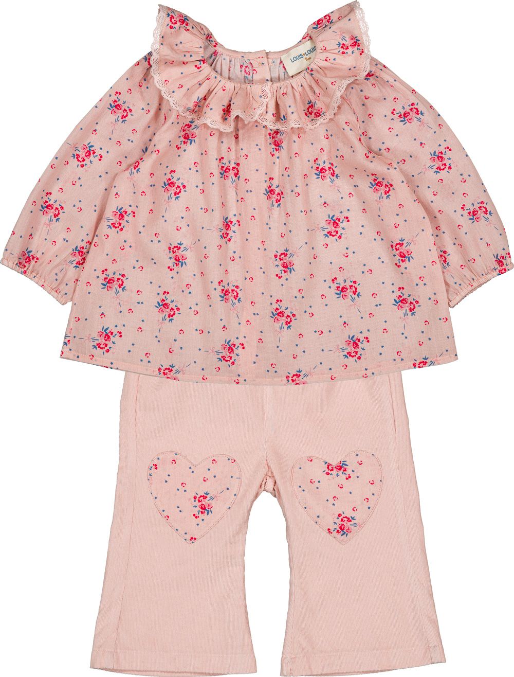 The Baby Girls' Holly Corduroy Trousers by Louis Louise, featuring an elastic waistband and heart-shaped knee patches, pair perfectly with a pink floral long-sleeve top with a ruffled collar for young children.