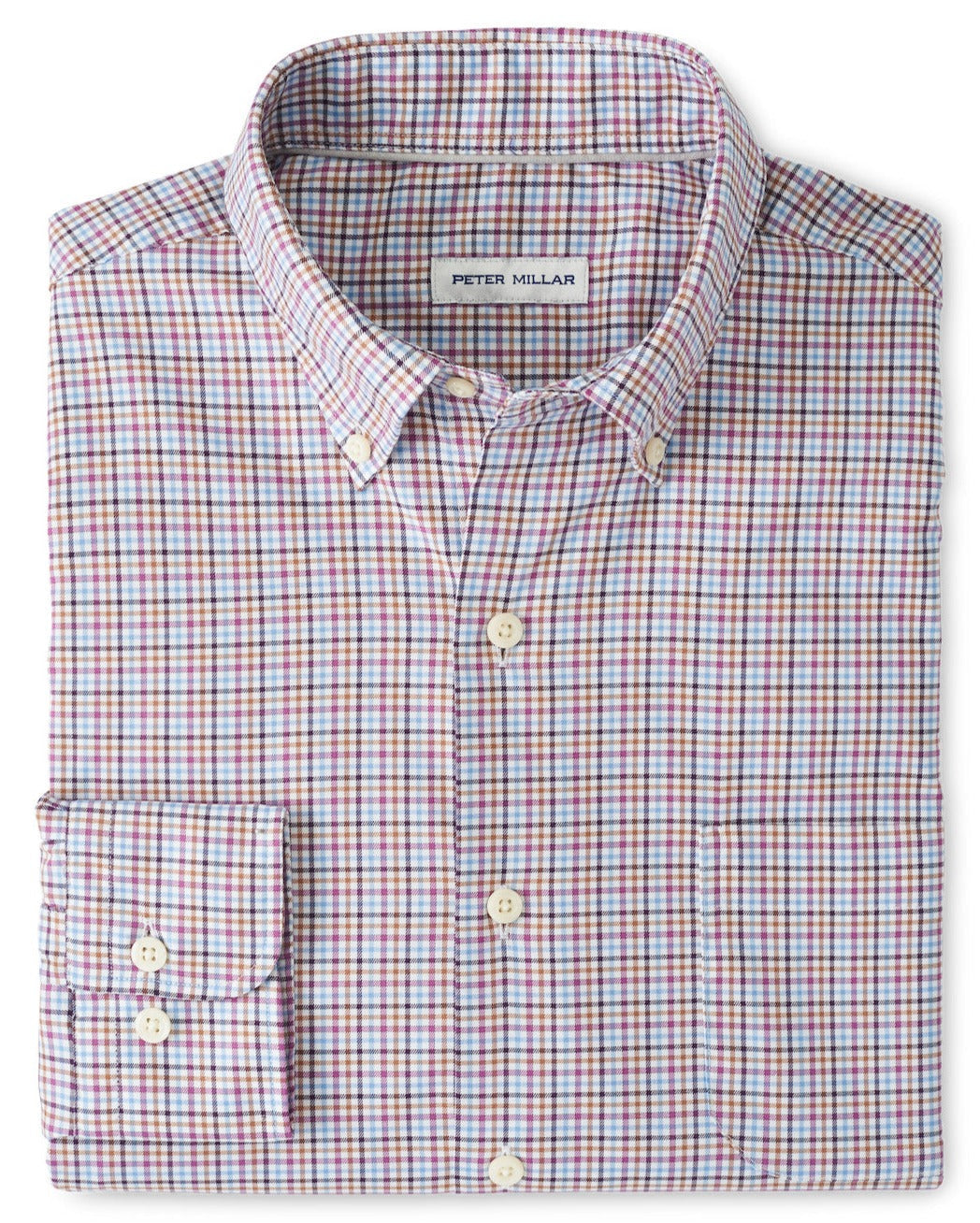 A folded sport shirt with a multicolored checkered pattern, featuring a label that reads "Peter Millar." This classic fit Peter Millar Market Cotton-Stretch Sport Shirt is designed for ease and comfort, offering breathable fabric for all-day wear.