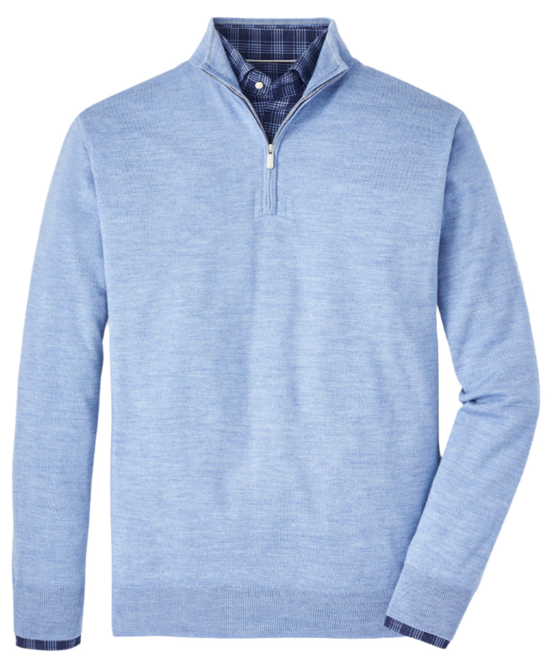 The Peter Millar Autumn Crest Quarter-Zip in light blue, crafted from Merino wool with a classic fit, is beautifully paired with a navy and white plaid collared shirt underneath.