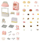 The Calico Critters Village Cake Shop Starter Set features an array of miniature toy bakery items—including cake decorations, pastries, sponge cakes, furniture, baking tools, an oven, a display case, and accessories—all beautifully arranged in neat rows on a white background to create the ideal cake shop scene.