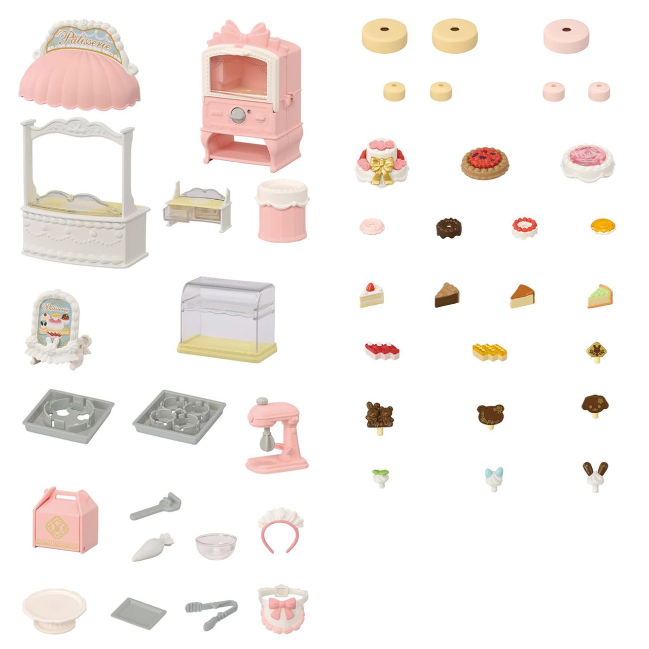 The Calico Critters Village Cake Shop Starter Set features an array of miniature toy bakery items—including cake decorations, pastries, sponge cakes, furniture, baking tools, an oven, a display case, and accessories—all beautifully arranged in neat rows on a white background to create the ideal cake shop scene.