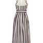 The Cara Cara Quentin Midi Dress features a sleeveless white top, brown vertical striped skirt, V-neckline, and belted waist for a flattering fit.