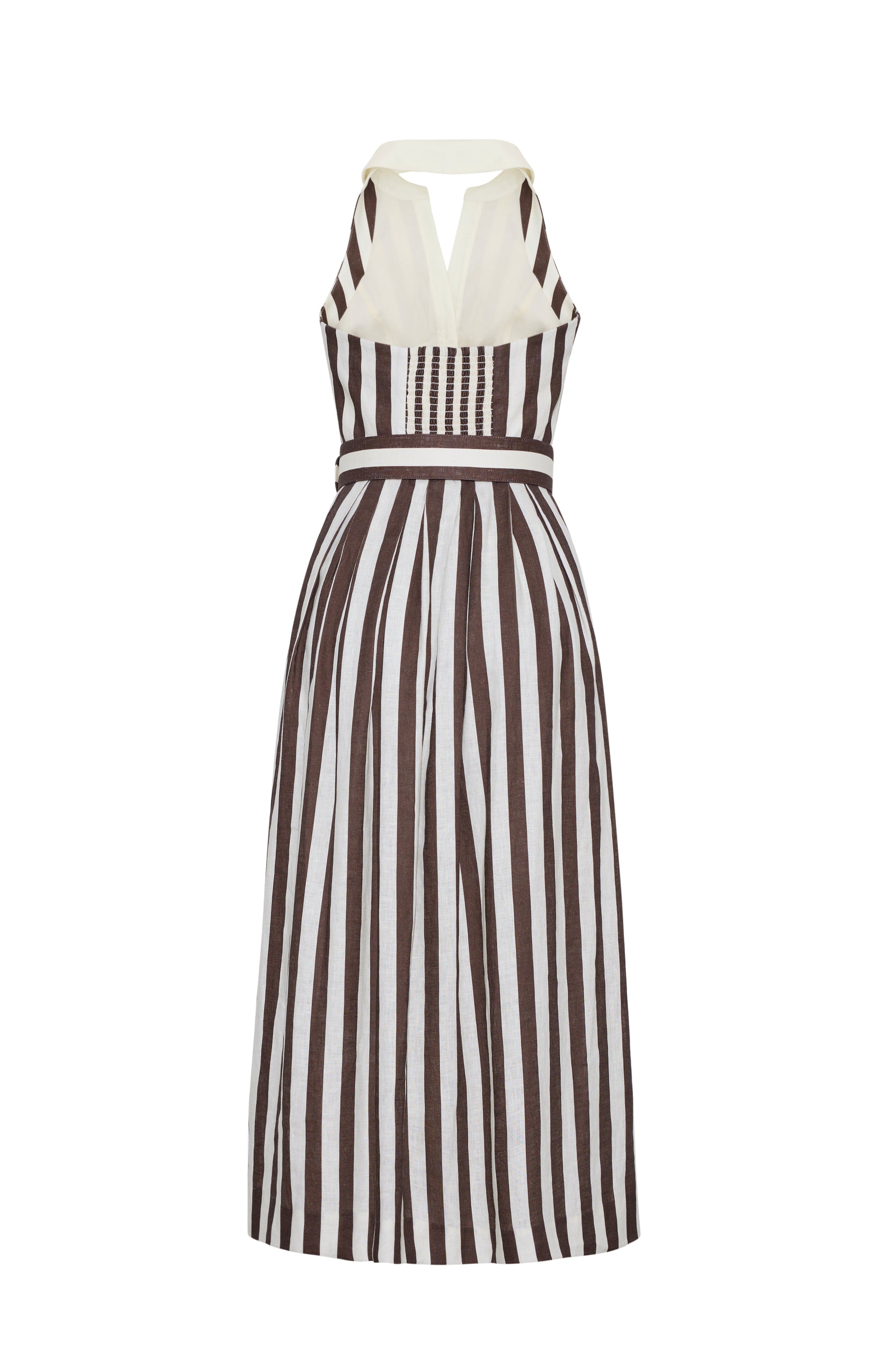 The Cara Cara Quentin Midi Dress features a sleeveless white top, brown vertical striped skirt, V-neckline, and belted waist for a flattering fit.