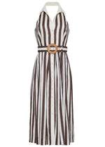 The Quentin Midi Dress by Cara Cara features a sleeveless collared halter design with vertical brown and white stripes, a button-down front, and a matching belt with round buckle for a stylish belted waist.