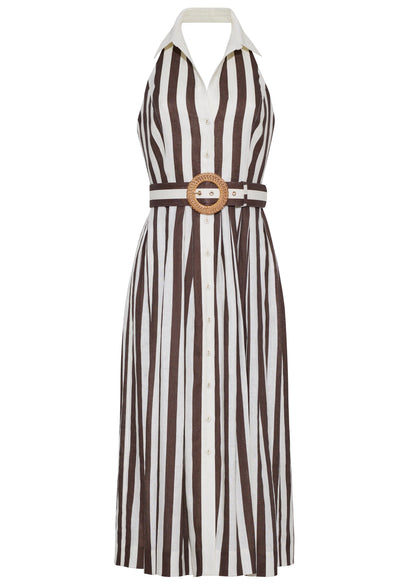 The Quentin Midi Dress by Cara Cara features a sleeveless collared halter design with vertical brown and white stripes, a button-down front, and a matching belt with round buckle for a stylish belted waist.