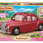 Box containing the Calico Critters Family Cruising Car by Calico Critters, showcasing charming animal figures seated inside a vibrant red family vehicle with a baby stroller included. Packaging details highlight special features, included contents, and show how the Family Cruising Car seamlessly fits into any Calico Village adventure.