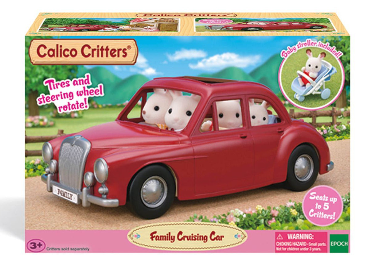 Box containing the Calico Critters Family Cruising Car by Calico Critters, showcasing charming animal figures seated inside a vibrant red family vehicle with a baby stroller included. Packaging details highlight special features, included contents, and show how the Family Cruising Car seamlessly fits into any Calico Village adventure.