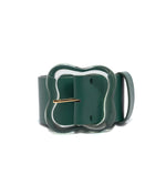 The Lizzie Fortunato Florence Belt by Lizzie Fortunato showcases a green leather design, complemented by a sleek clover-inspired buckle and a single belt loop.