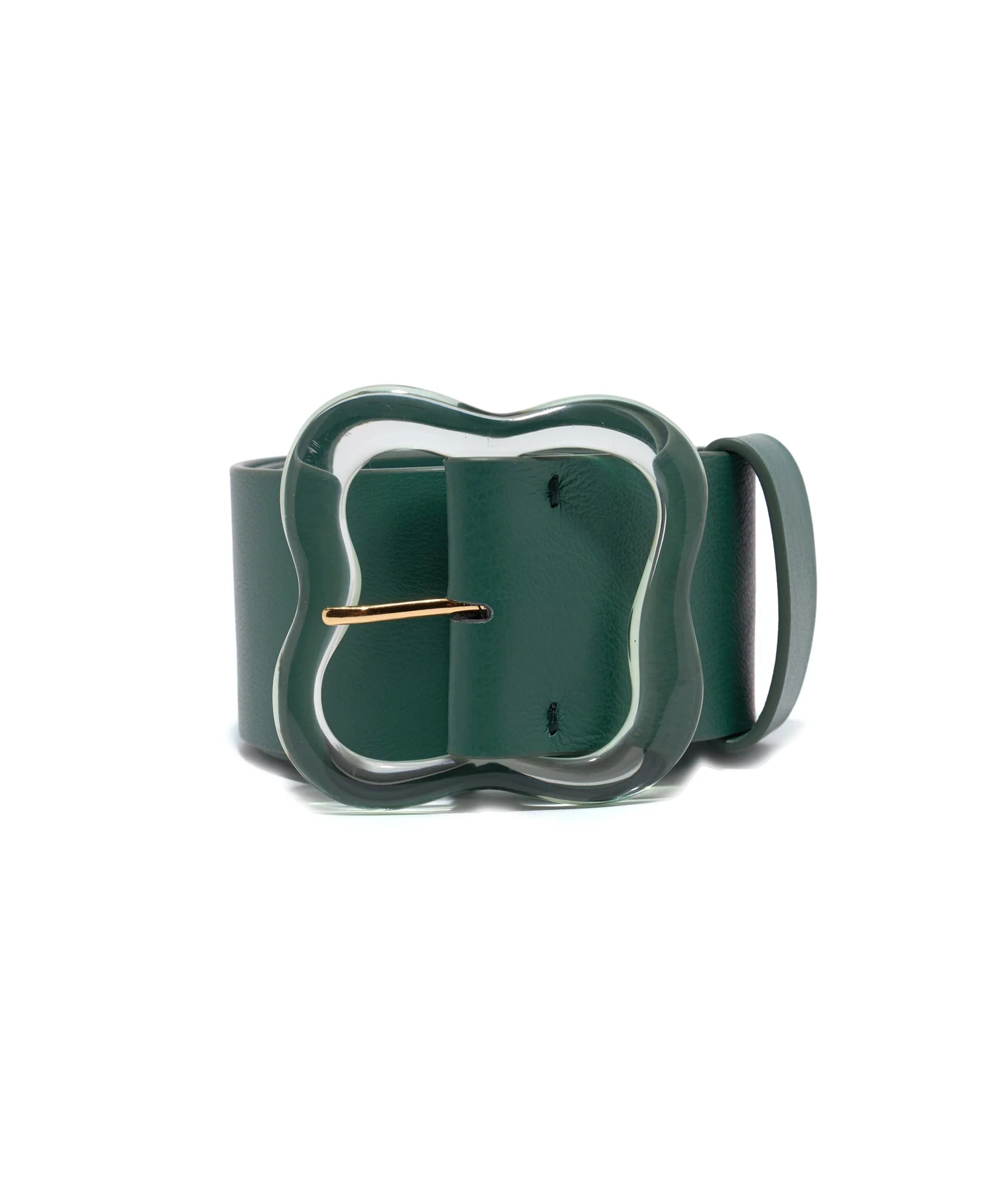 The Lizzie Fortunato Florence Belt by Lizzie Fortunato showcases a green leather design, complemented by a sleek clover-inspired buckle and a single belt loop.