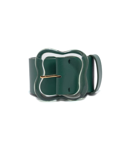 The Lizzie Fortunato Florence Belt by Lizzie Fortunato showcases a green leather design, complemented by a sleek clover-inspired buckle and a single belt loop.