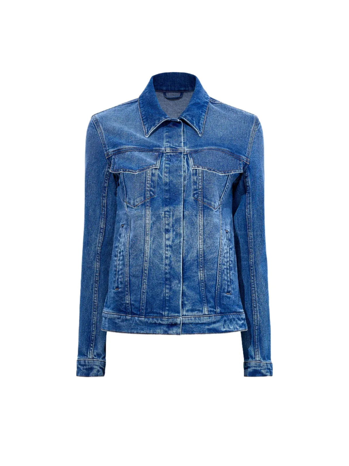 The Proenza Schouler Newman Jacket is a blue denim jacket crafted from organic cotton, featuring long sleeves, a button-down front, and two chest pockets.