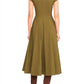 A person is shown from the back wearing an olive green, short-sleeved Staud Wells SS Dress with a flared a-line skirt, paired with brown heeled boots.