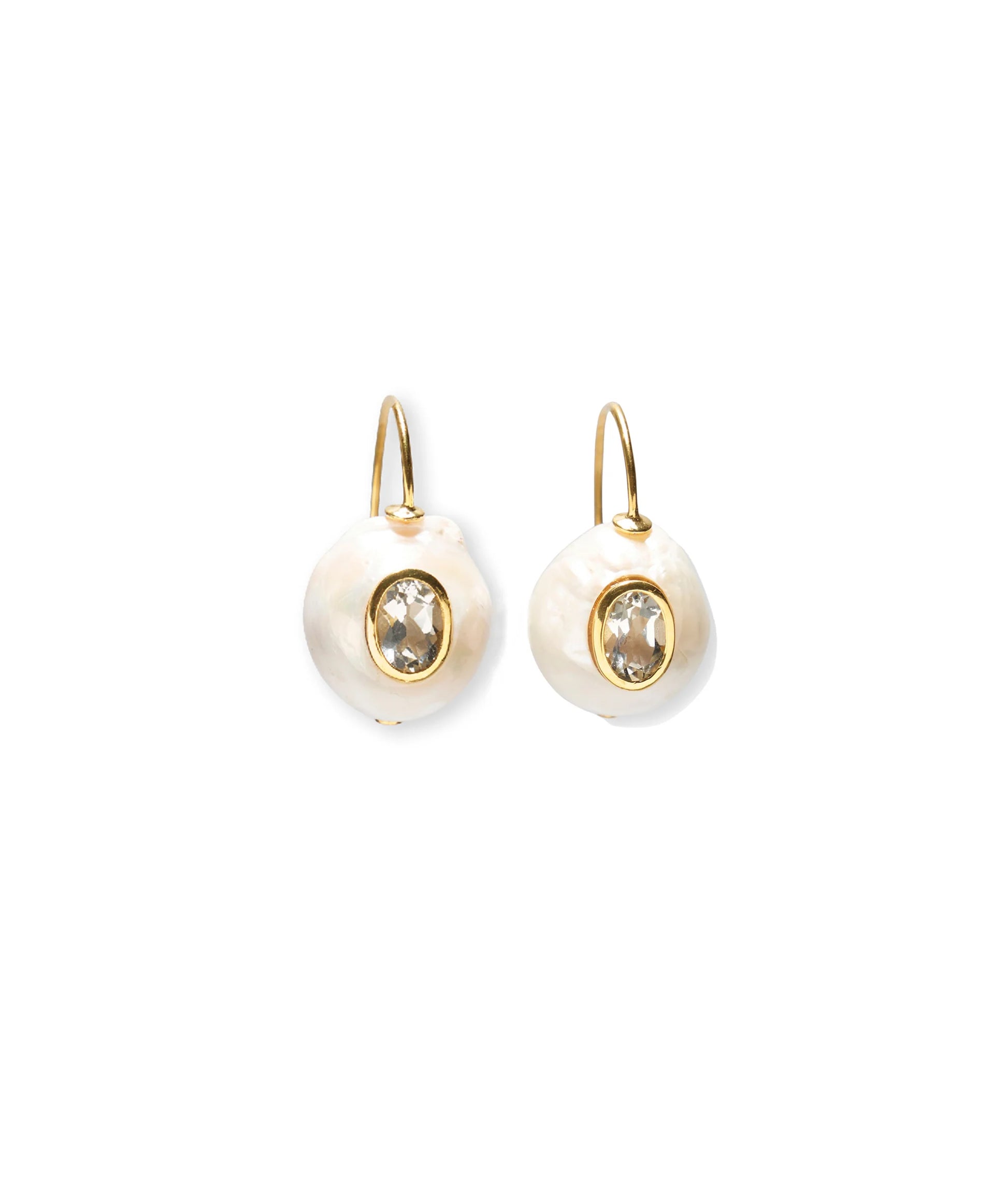 The Pearl Pablo Earrings by Lizzie Fortunato are gold-plated sterling silver hook earrings with irregular freshwater pearls, each featuring a round clear gemstone at the center.