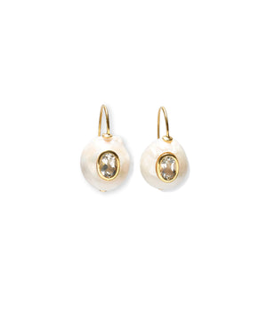 The Pearl Pablo Earrings by Lizzie Fortunato are gold-plated sterling silver hook earrings with irregular freshwater pearls, each featuring a round clear gemstone at the center.
