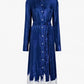 The Amaya Silk Twill Dress by Proenza Schouler is a blue, long-sleeved, button-down shirtdress with a tie belt and white color-block hem accented by brush stroke details.