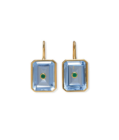 The Tile Earrings by Lizzie Fortunato feature gold-plated brass with rectangular blue gemstones and a central semiprecious rhodolite accent.