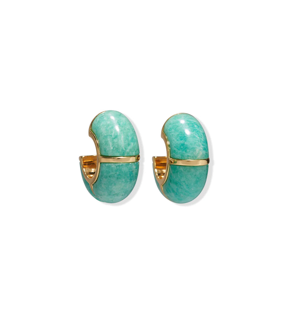 Lizzie Fortunato's Zellige Hoops are handcrafted gold Moroccan-inspired earrings with turquoise green stone inlays, photographed on a white background.