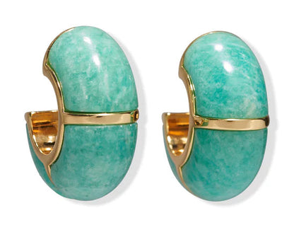 Lizzie Fortunato's Zellige Hoops are handcrafted gold Moroccan-inspired earrings with turquoise green stone inlays, photographed on a white background.