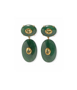 Dorothy Earrings by Lizzie Fortunato: green jade oval drop statement earrings with gold accents and lemon quartz gemstone centers, shown on a white background.