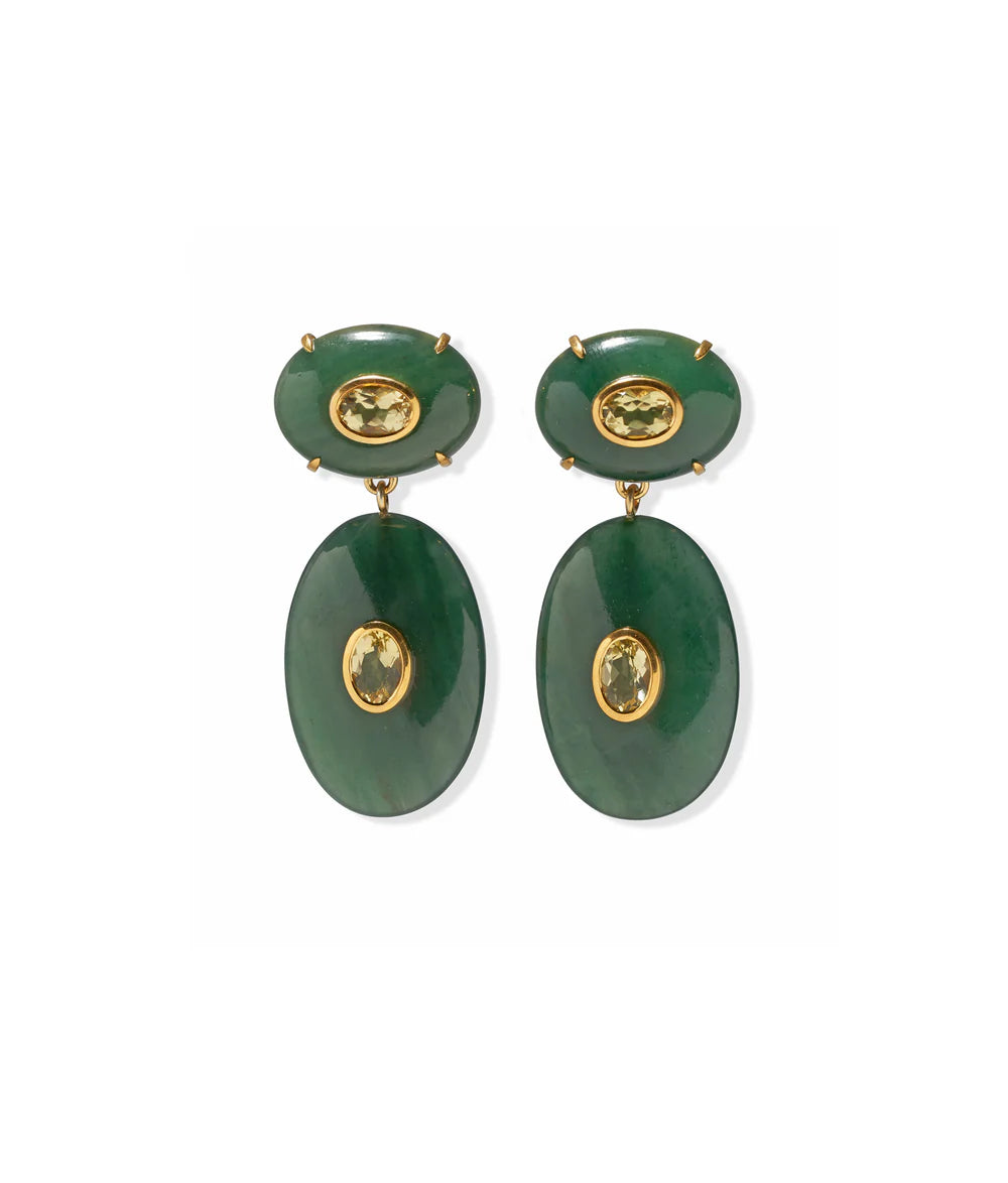Dorothy Earrings by Lizzie Fortunato: green jade oval drop statement earrings with gold accents and lemon quartz gemstone centers, shown on a white background.