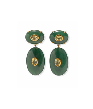 Dorothy Earrings by Lizzie Fortunato: green jade oval drop statement earrings with gold accents and lemon quartz gemstone centers, shown on a white background.