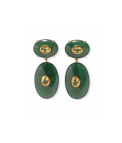 Dorothy Earrings by Lizzie Fortunato: green jade oval drop statement earrings with gold accents and lemon quartz gemstone centers, shown on a white background.