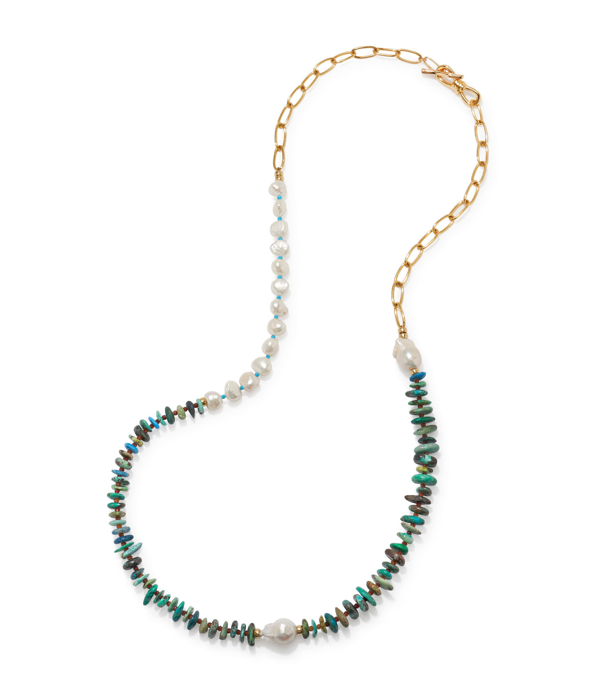 The Porto Covo Necklace by Lizzie Fortunato features freshwater pearls and chrysocolla beads on gold-plated chain links in an elegant asymmetrical design.