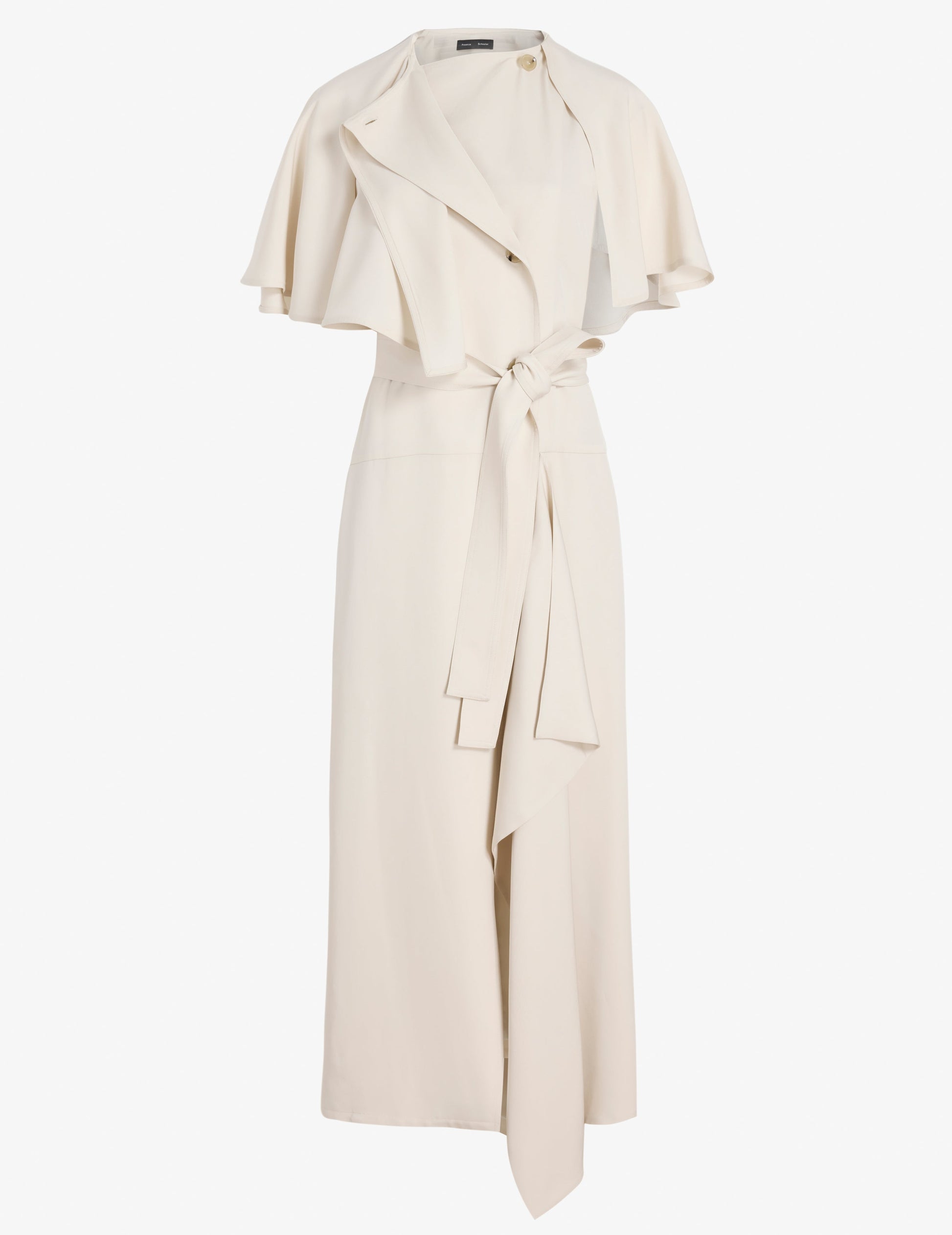 The Isolde Dress by Proenza Schouler is a cream, sleeveless, ankle-length dress in Viscose Twill with a trench-inspired draped cape, notch collar, and matching fabric belt at the waist.
