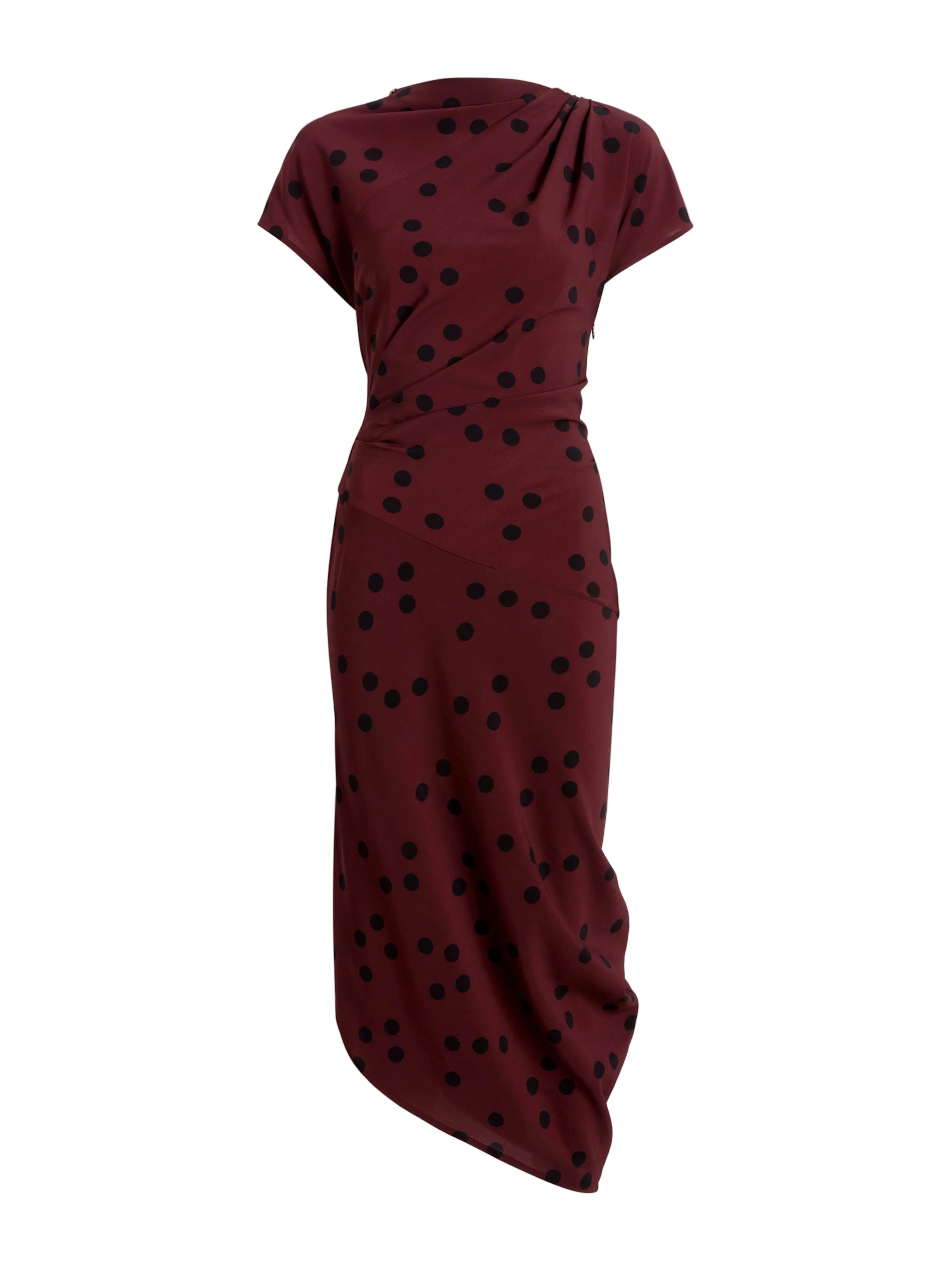 The Proenza Schouler Ren Printed Dot Dress is a burgundy midi dress with black polka dots, short sleeves, a stretch viscose fabric, draped asymmetrical skirt, and a gathered waist.
