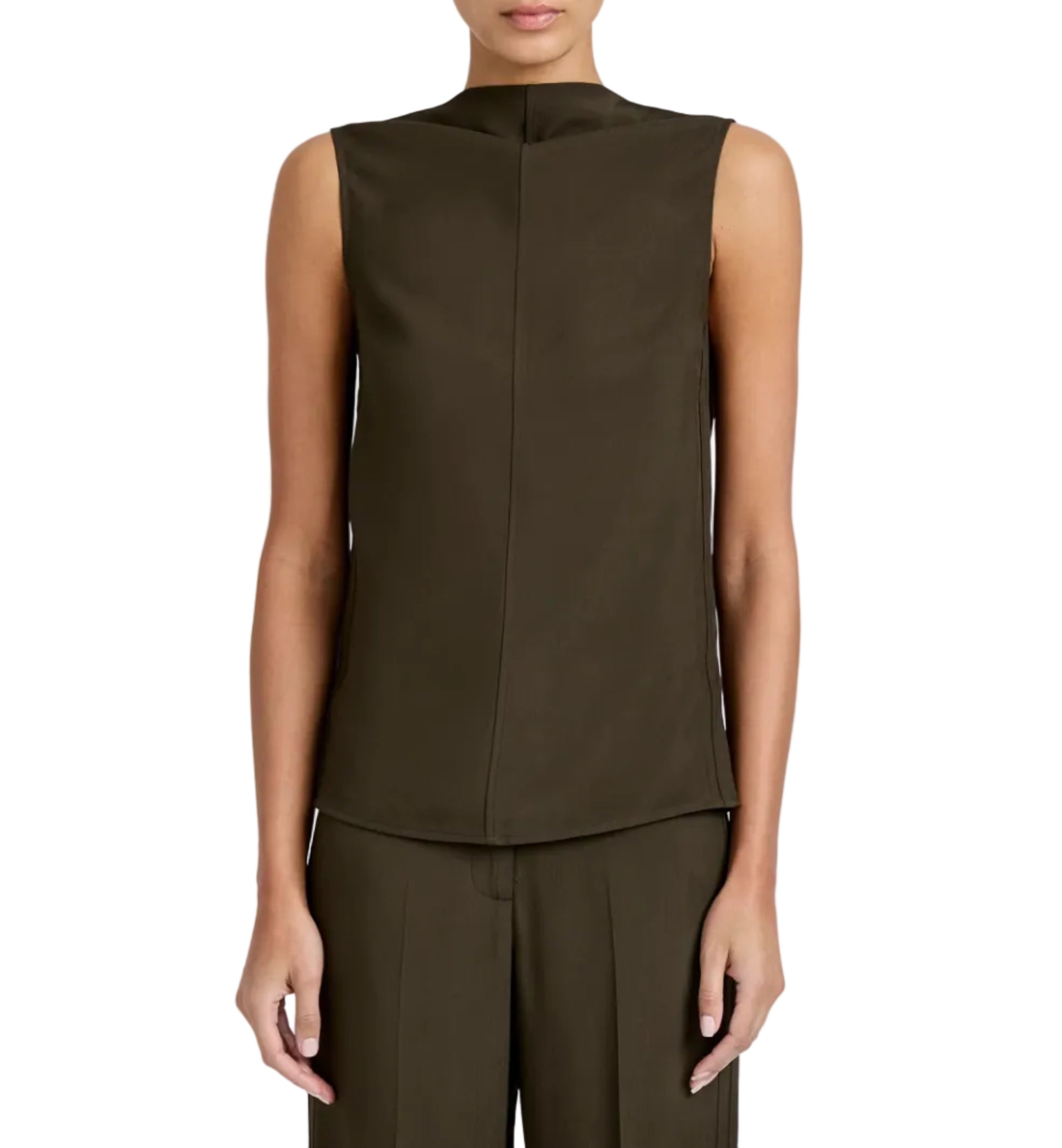 A person wears the Proenza Schouler Defni Top—a sleeveless, draped high-neck design in dark olive green Eco Hammered Viscose—paired with matching trousers, seen from the front against a white background.