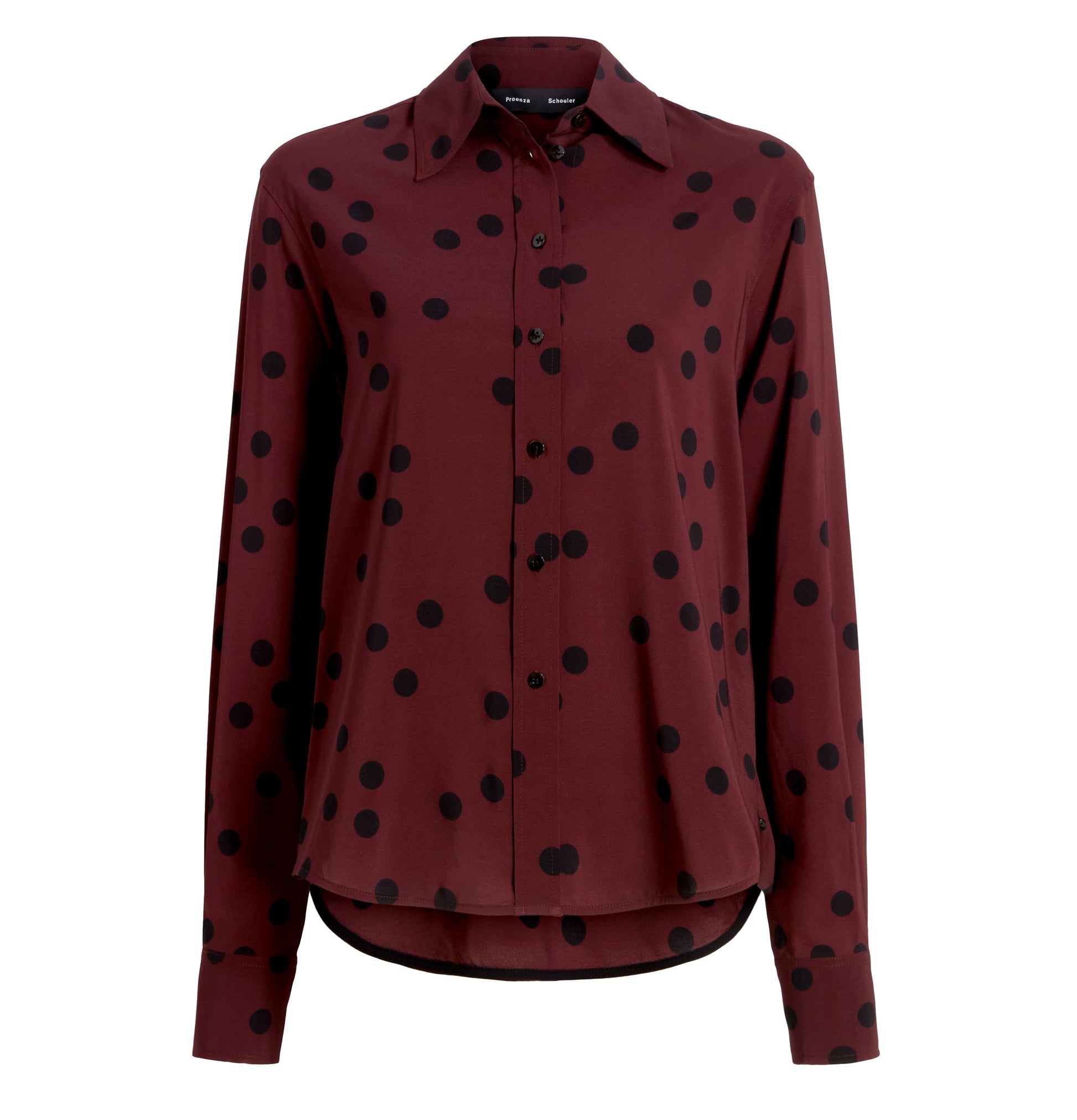 The Proenza Schouler Paz Printed Dot Shirt is a maroon, long-sleeve button-up in stretch viscose with a black polka dot print, shown on a plain white background.