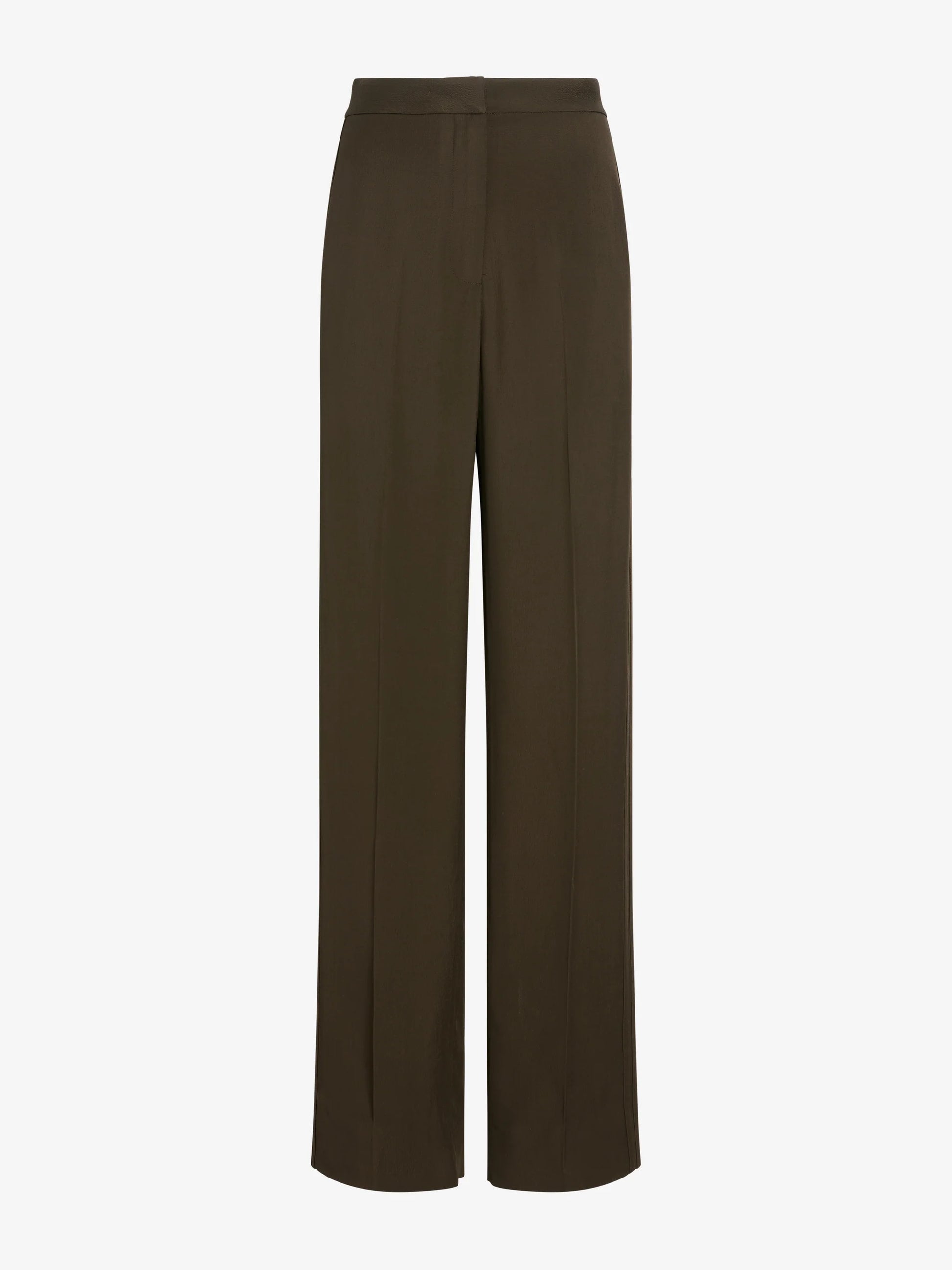The Proenza Schouler Lien Pant is a pair of high-waisted brown trousers in Eco Hammered Viscose, featuring front seams and a concealed waistband closure, shown against a plain white background.