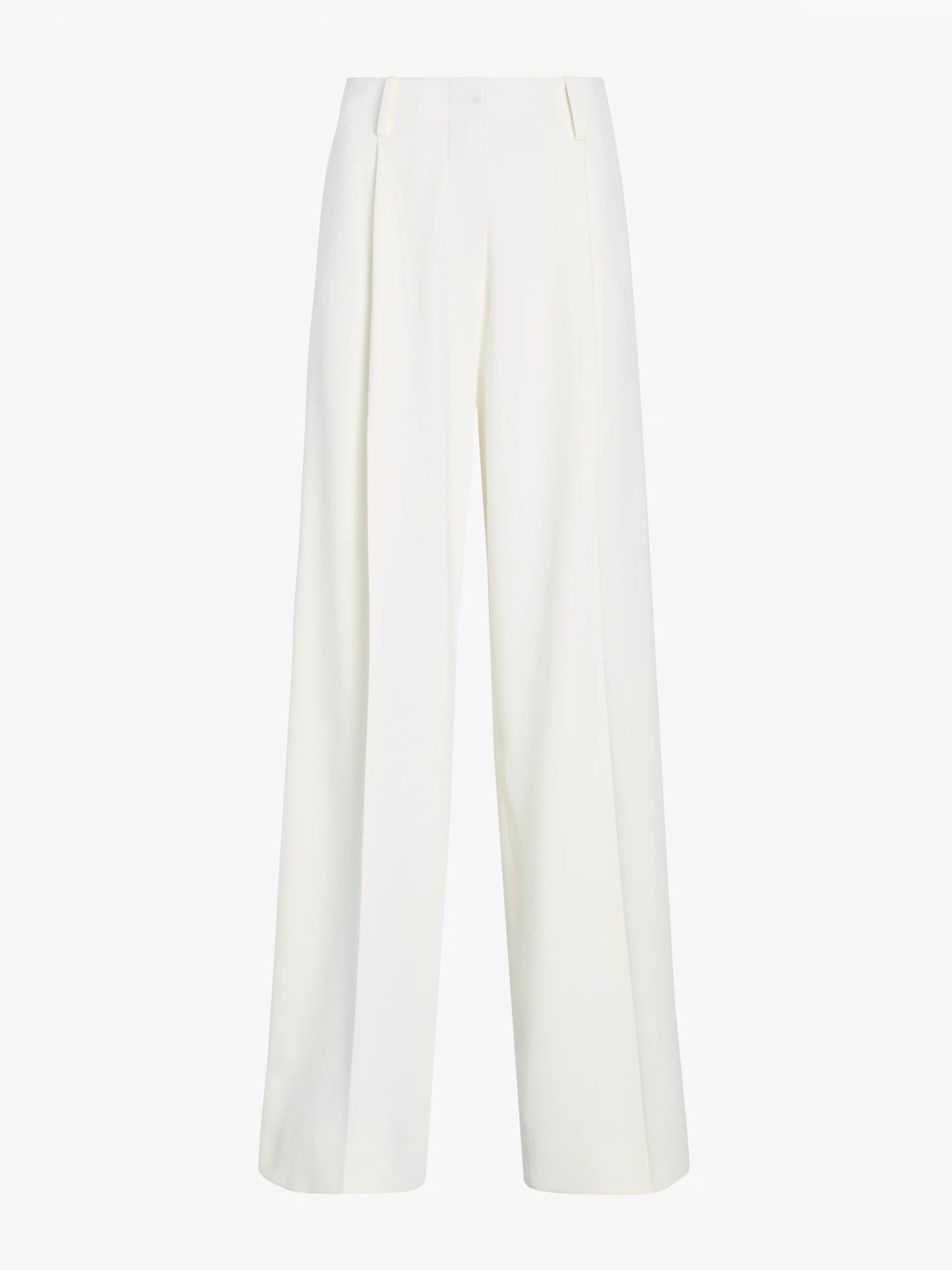 The Halima Pant by Proenza Schouler is a pair of white, high-waisted trousers crafted from matte double crepe with wide legs, front pleats, and belt loops, shown against a plain white background.