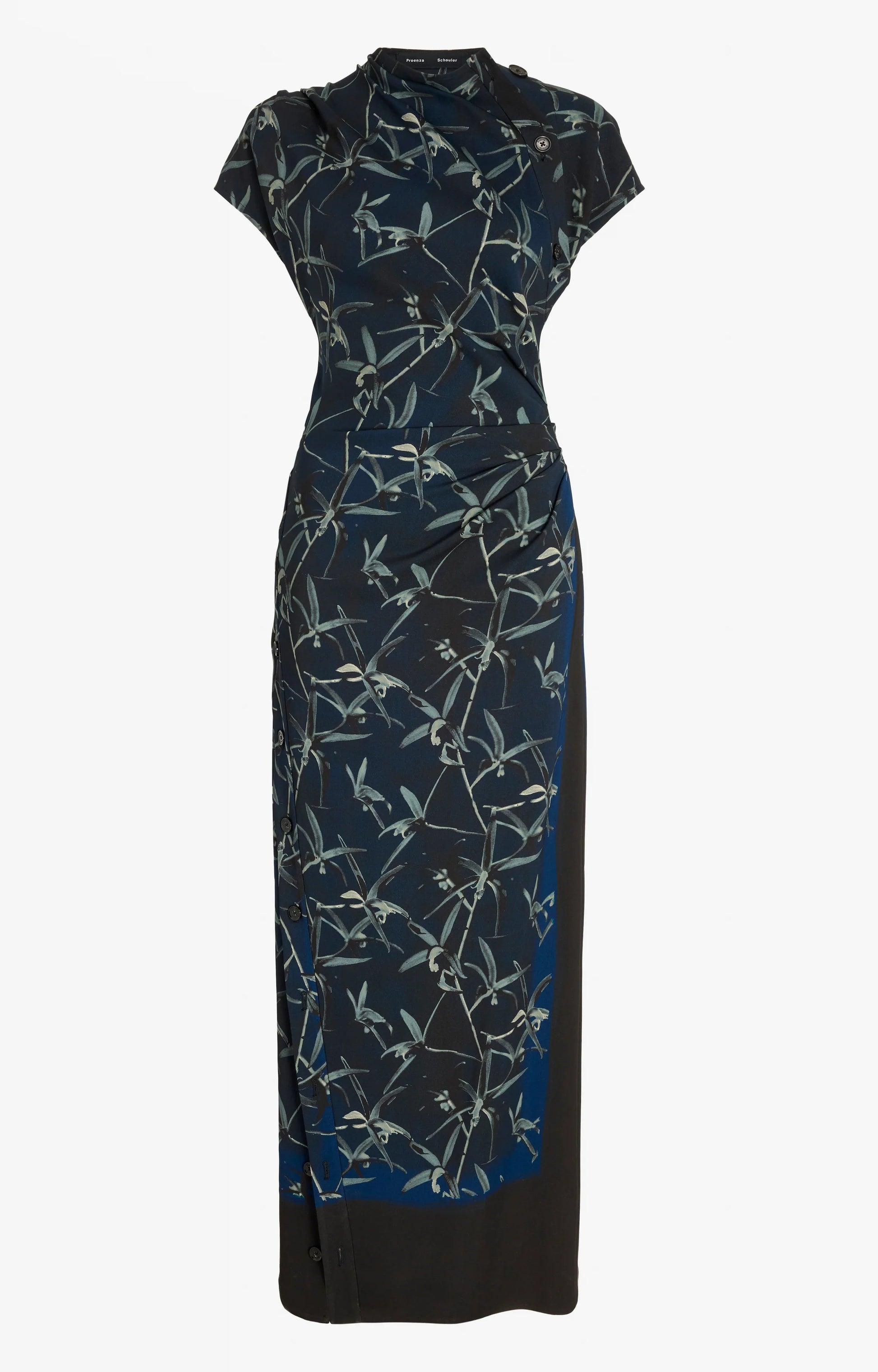 The Anais Dress by Proenza Schouler is a long Printed Stretch Cady dress featuring a dark blue and black background adorned with an all-over botanical vine pattern inspired by Brazilian night orchids, accented with subtle draping and asymmetrical cap sleeves.