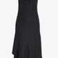 The Elodine Tropical Wool Dress by Proenza Schouler features an asymmetrical black design with cap sleeves, a draped collar, diagonal seams, and a high-low ruffled hem. Expertly crafted from luxurious tropical wool, this transitional silhouette is showcased against a plain white background.